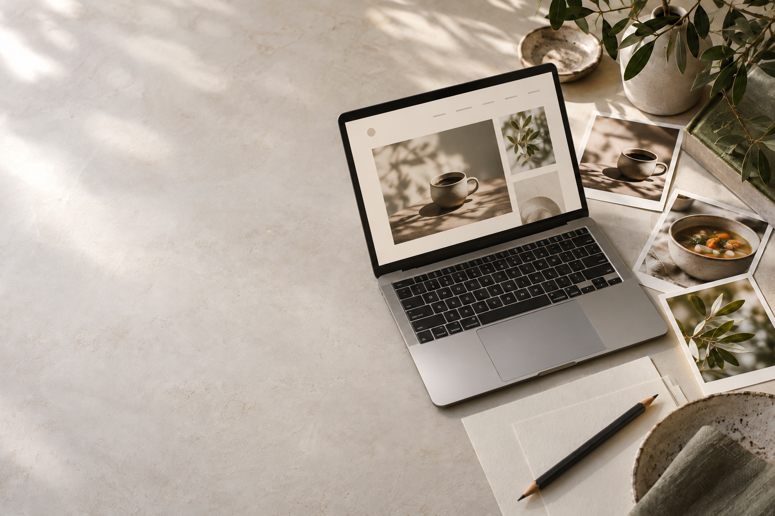 紙と写真、MacBookを並べた、やわらかな光の作業テーブル